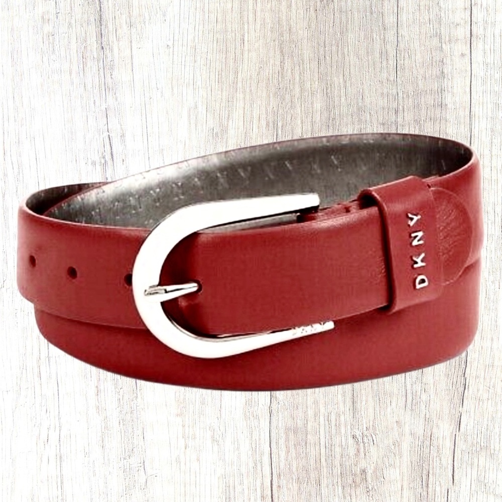 DKNY Belt with Raised Metal lettering